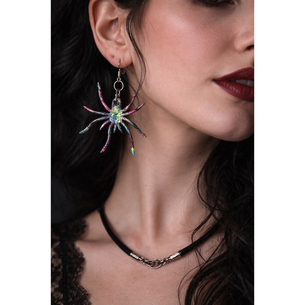 Handmade Glitter Spider Earrings Neon Multicolor Drip Art Statement Dangle Jewel